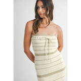 Beach Chic Beach Crochet Knit Slit Midi dress in beige with strapless design and textured knit pattern