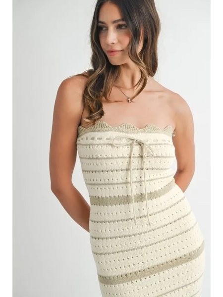 Beach Chic Beach Crochet Knit Slit Midi dress in beige with strapless design and textured knit pattern