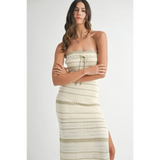 Beach Chic Beach Crochet Knit Slit Midi dress by Trendsi modeled in cream with a side slit and strapless design