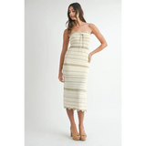 Beach Chic Beach Crochet Knit Slit Midi dress by Trendsi worn by model in cream strapless style