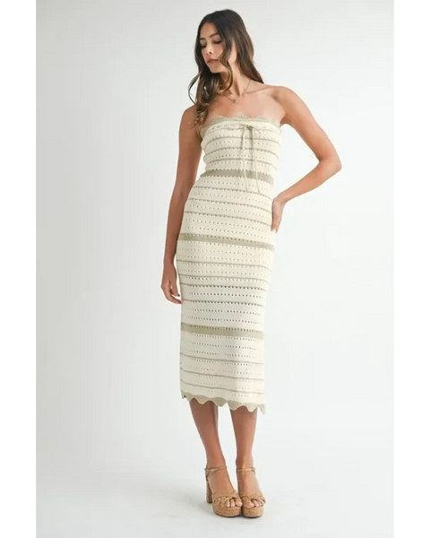 Beach Chic Beach Crochet Knit Slit Midi dress by Trendsi worn by model in cream strapless style