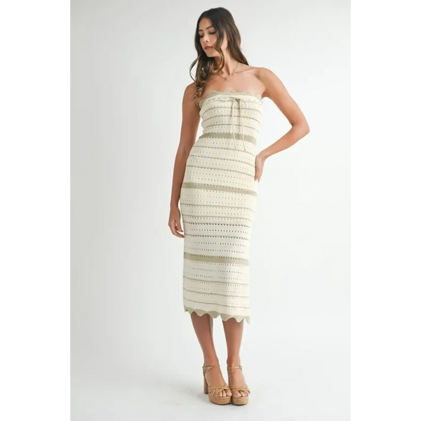 Beach Chic Beach Crochet Knit Slit Midi dress by Trendsi worn by model in cream strapless style