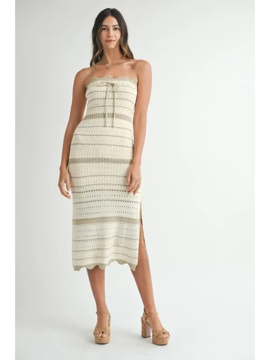 Beach Chic Beach Crochet Knit Slit Midi dress in cream strapless design with side slit