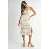 Beach Chic Beach Crochet Knit Slit Midi dress in cream worn with platform heels