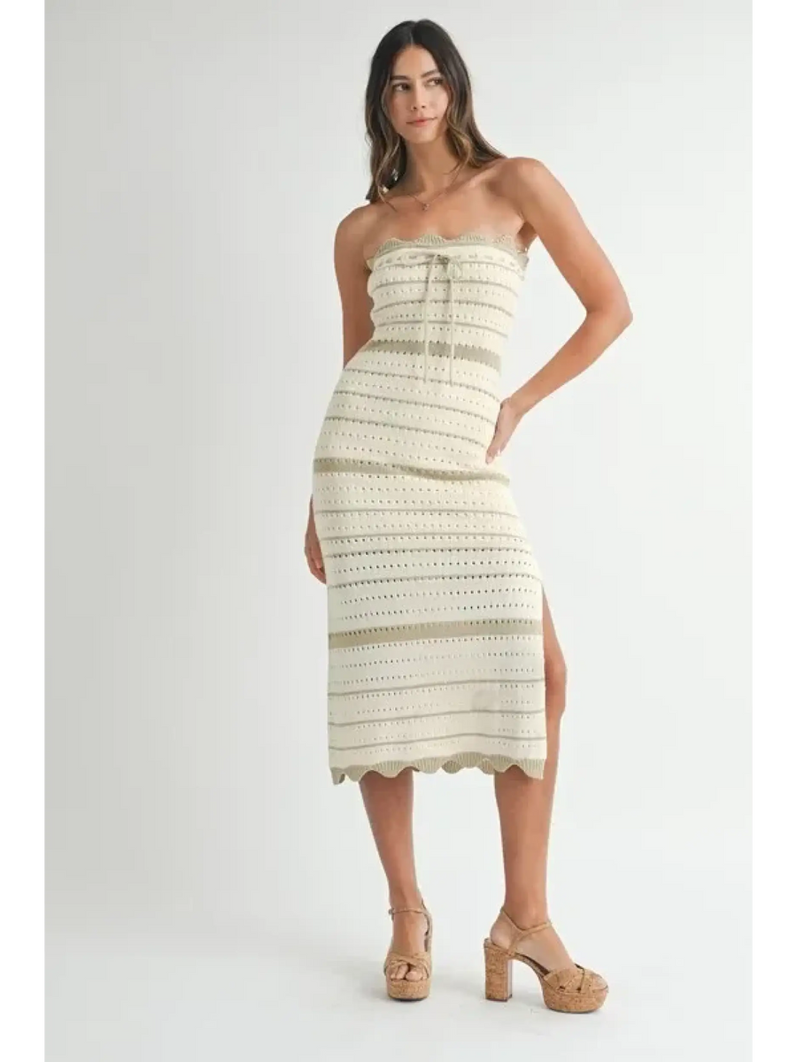 Beach Chic Beach Crochet Knit Slit Midi dress in cream with strapless neckline and side slit