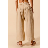 Beige chic wide leg trousers for women by Babe Beachwaer shown from the back with gathered waist detail