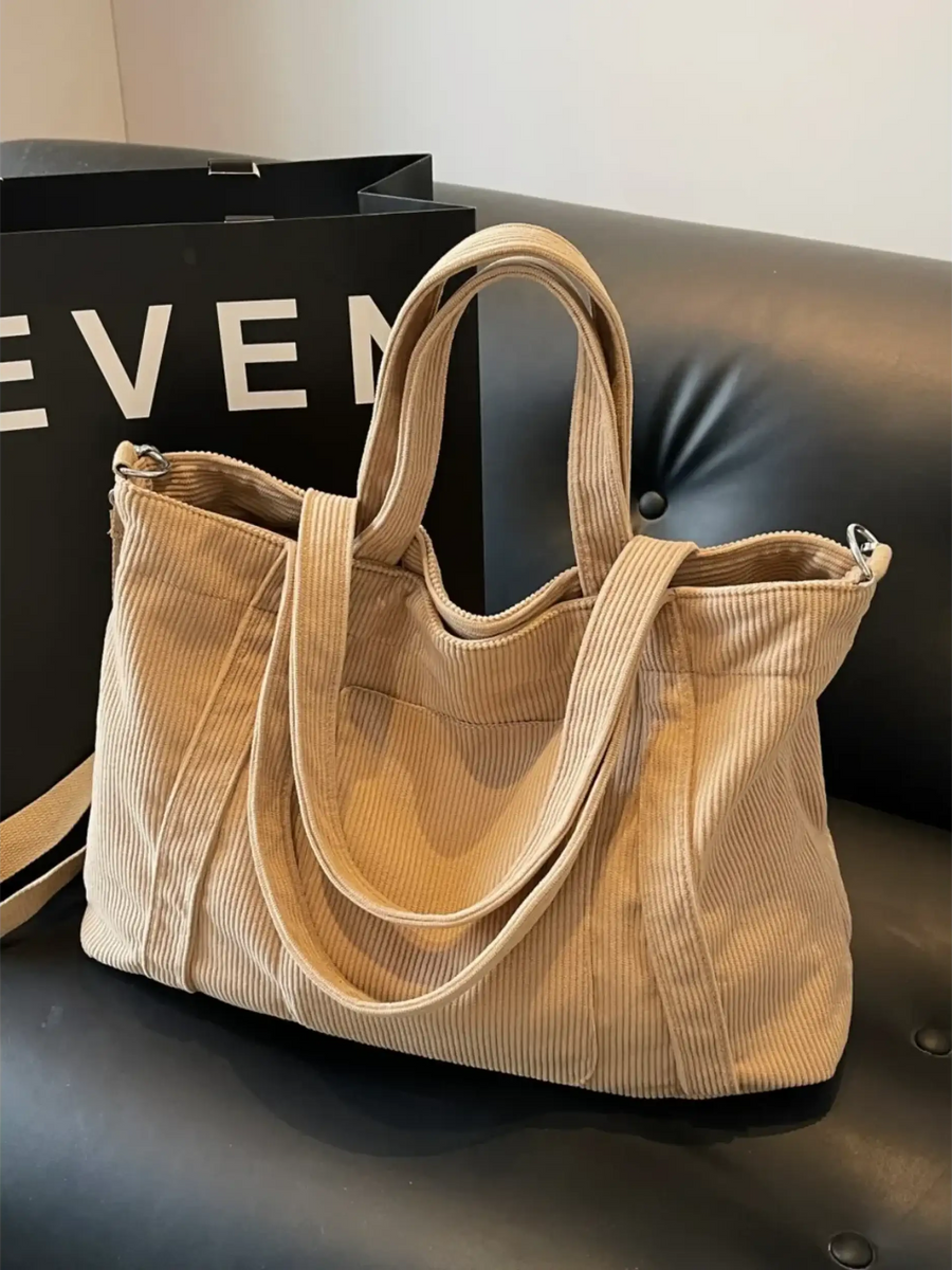 Lightweight ladies duffle bag by Babe Beachwaer in beige corduroy fabric with dual handles