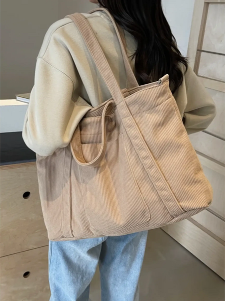 Babe Beachwaer lightweight Ladies duffle bag in beige corduroy fabric carried over shoulder