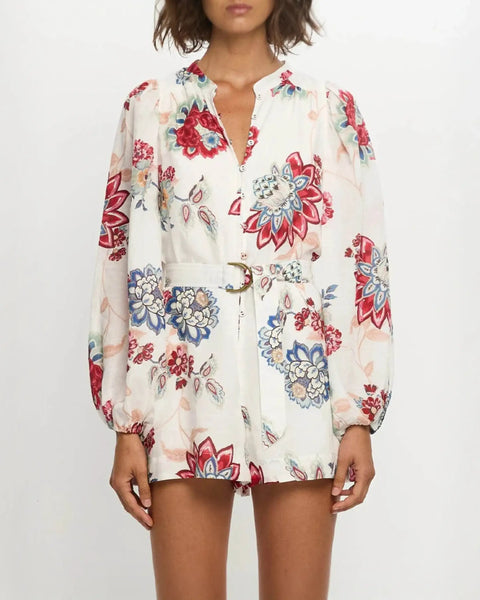 Babe Beachwear belted floral summer romper with long sleeves and colorful flower print