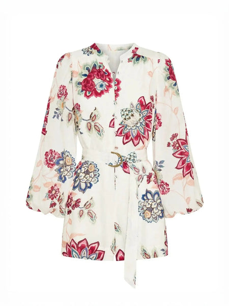 Babe Beachwear belted floral summer romper with long sleeves and multicolor flower print
