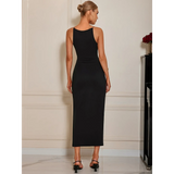 Back view of Babe Beachwear black bodycon dress for women with sleeveless design and midi length