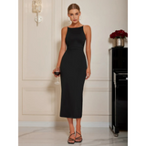 Babe Beachwear black bodycon dress for women midi length sleeveless mini dress with strappy heels