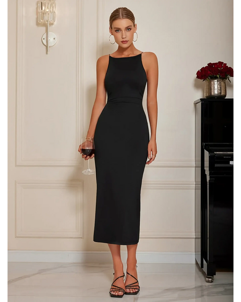 Babe Beachwear black bodycon dress for women midi length sleeveless mini dress with strappy heels