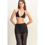 Trendsi black crochet bikini cover up pants set with drawstring waist and halter top