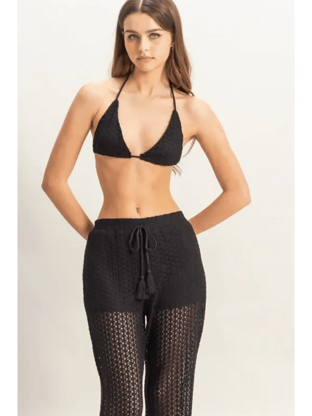 Trendsi black crochet bikini cover up pants set with drawstring waist and halter top