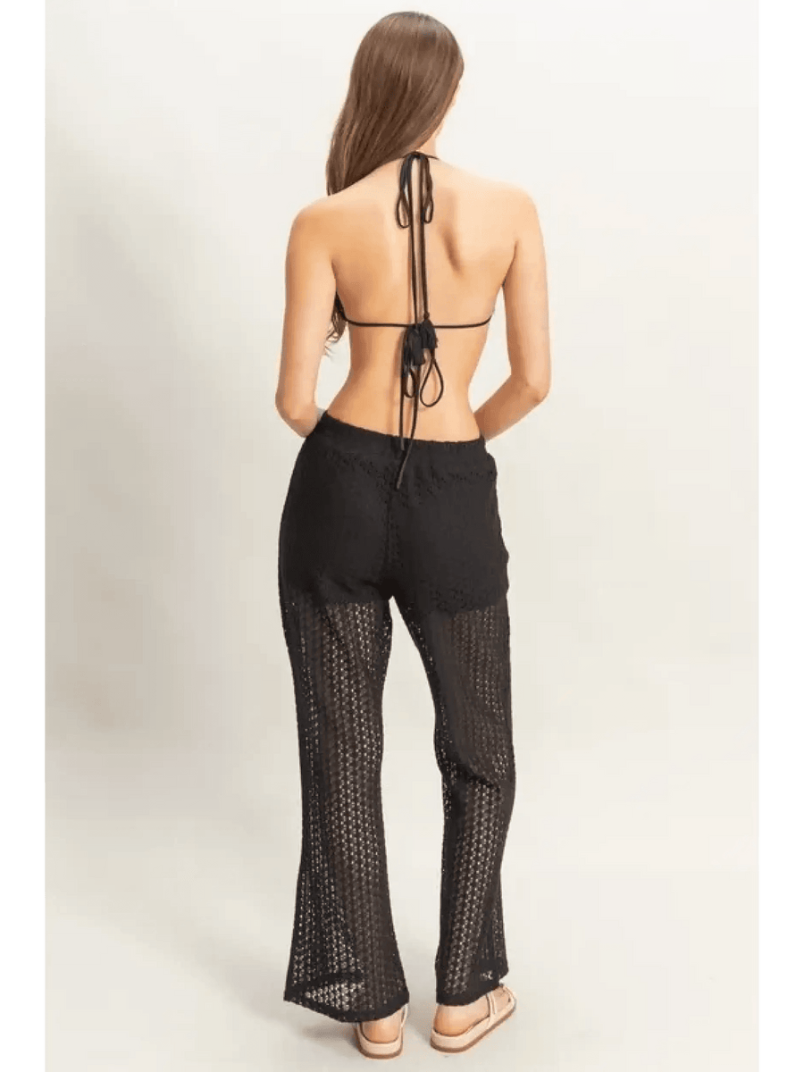 Trendsi black crochet bikini cover up pants set with breathable mesh design shown from the back