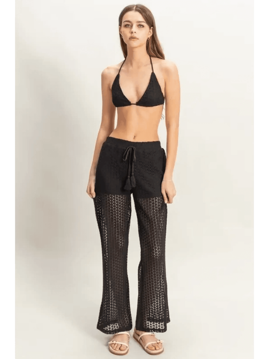 Trendsi black crochet bikini cover up pants set with drawstring waist and sheer crochet legs
