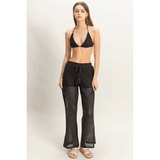 Trendsi black crochet bikini cover up pants set with drawstring waist and sheer crochet legs