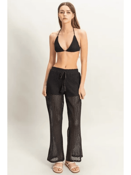 Trendsi black crochet bikini cover up pants set with drawstring waist and sheer crochet legs