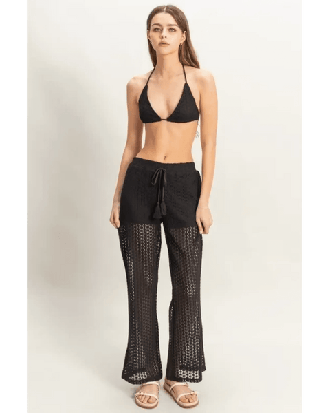 Trendsi black crochet bikini cover up pants set with drawstring waist and sheer crochet legs