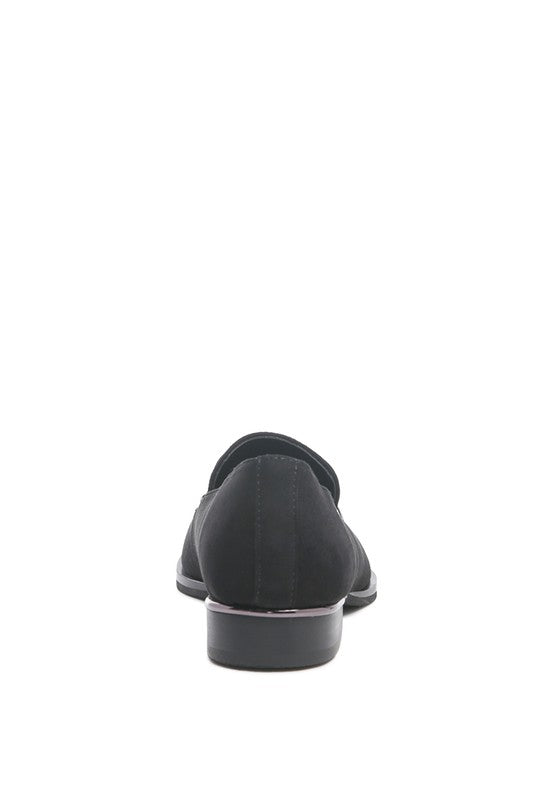 Back view of black genuine leather loafers by Rag Company with sleek design and low heel