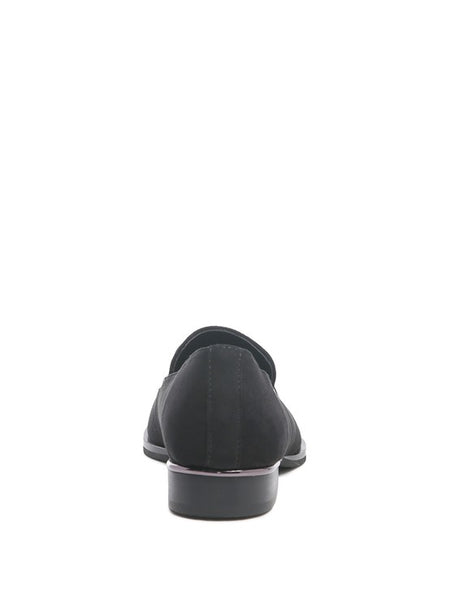 Back view of black genuine leather loafers by Rag Company with sleek design and low heel