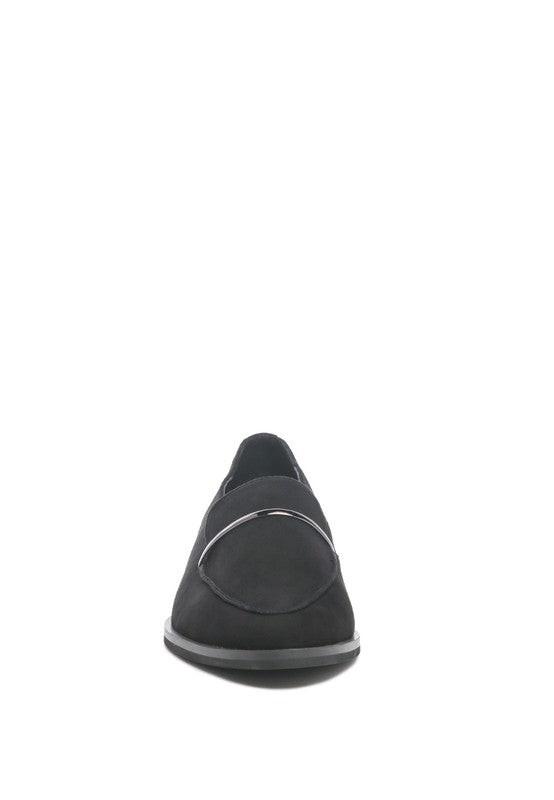 Rag Company black genuine leather loafers front view with sleek design and smooth finish