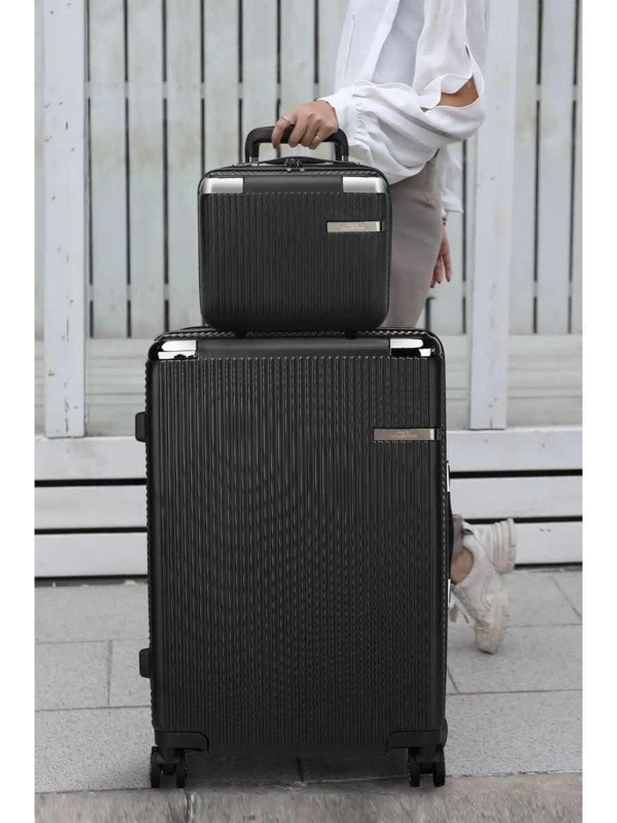 Babe Beachwaer black Hard Case 2 Piece Carry On Luggage set with textured finish and silver accents