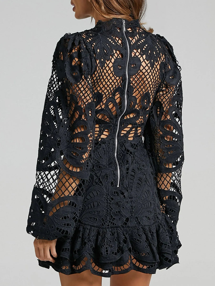 Babe Beachwear black lace mini dress with intricate floral design and zipper back detailing