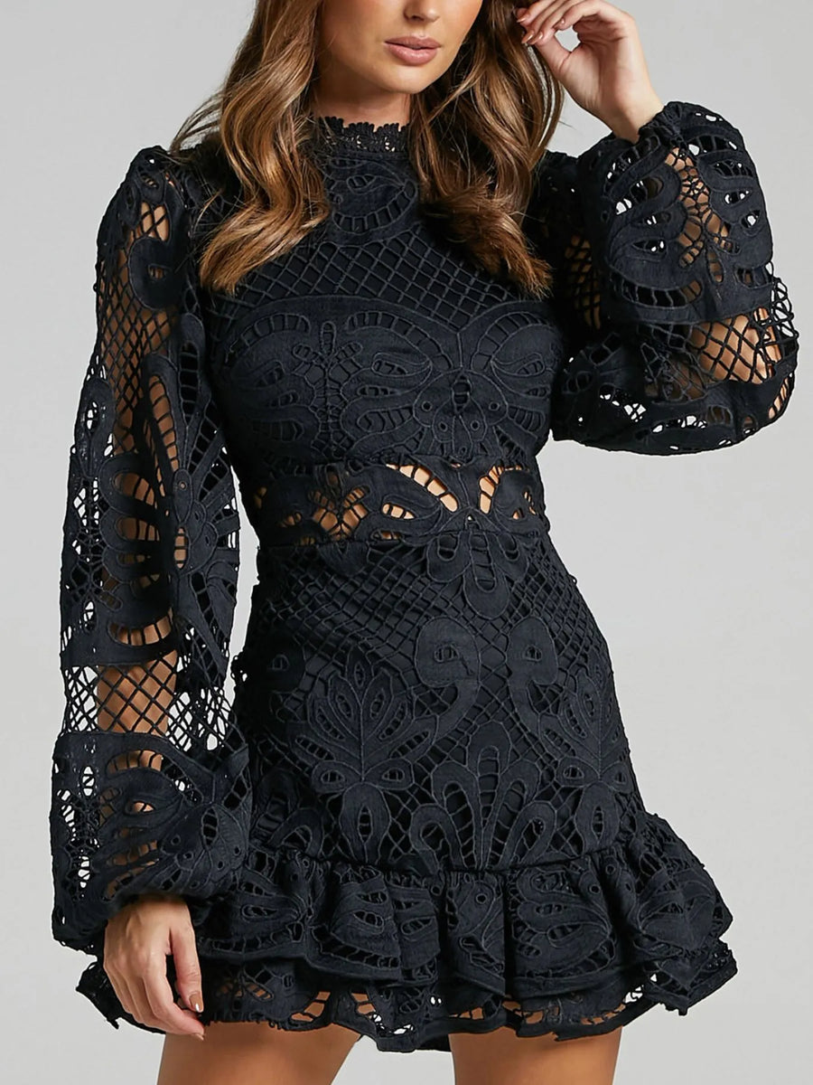 Babe Beachwear black lace mini dress with long puff sleeves and ruffled hem detail