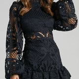 Babe Beachwear black lace mini dress with long puff sleeves and ruffled hem detail