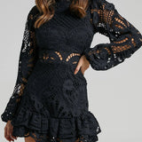Babe Beachwaer white lace mini cocktail dress with long sleeves and ruffled hem