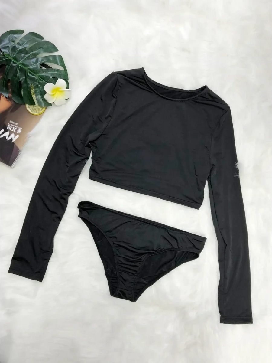 Beach Babes black long sleeve two piece swimsuit with crop top and high-cut bottoms