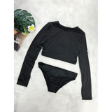 Beach Babes black long sleeve two piece swimsuit with crop top and high-cut bottoms