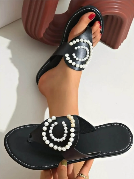 Babe Beachwear black pearl embellished sandals with decorative white pearls on straps