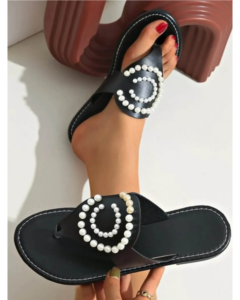 Babe Beachwear black pearl embellished sandals with decorative white pearls on straps