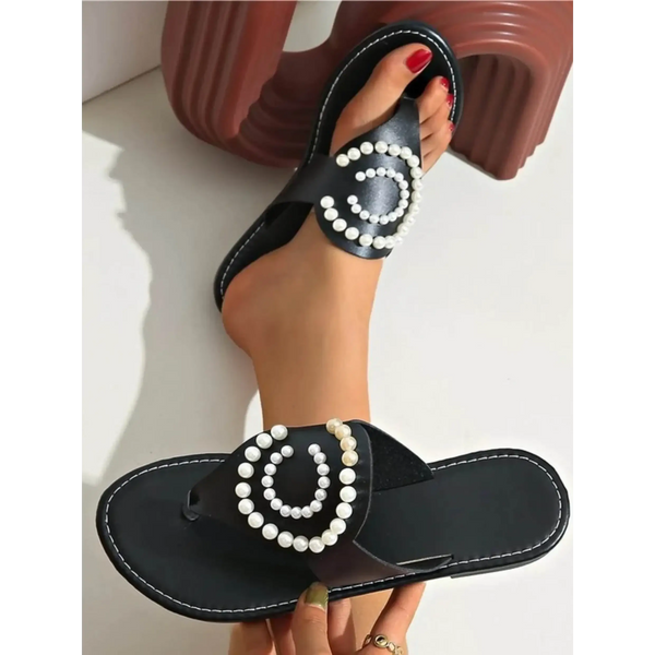 Babe Beachwear black pearl embellished sandals with decorative white pearls on straps