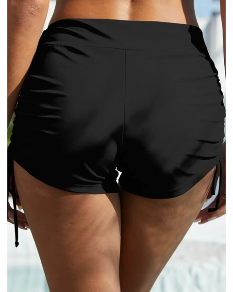 Beach Babes black swim shorts styled as tankini swim bottoms for women with ruched sides and adjustable ties