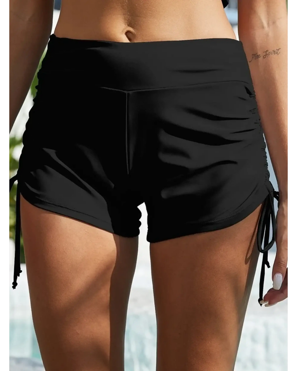 Beach Babes black swim shorts styled as tankini swim bottoms for women with side ties