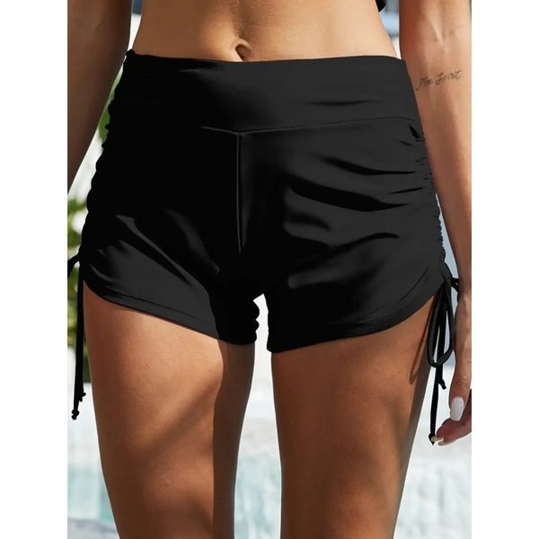 Beach Babes black swim shorts styled as tankini swim bottoms for women with side ties