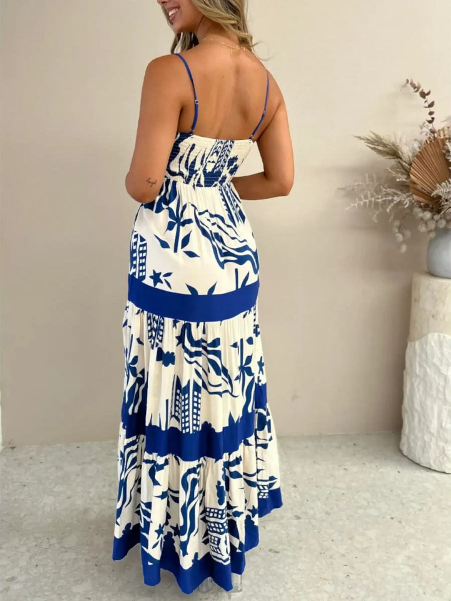 Trendsi blue and white beach dress maxi dress with spaghetti straps and tiered flowing skirt