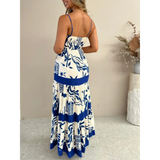 Trendsi blue and white beach dress maxi dress with spaghetti straps and tiered flowing skirt
