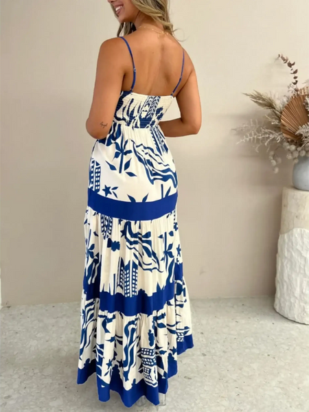 Trendsi blue and white beach dress maxi dress with spaghetti straps and tiered flowing skirt