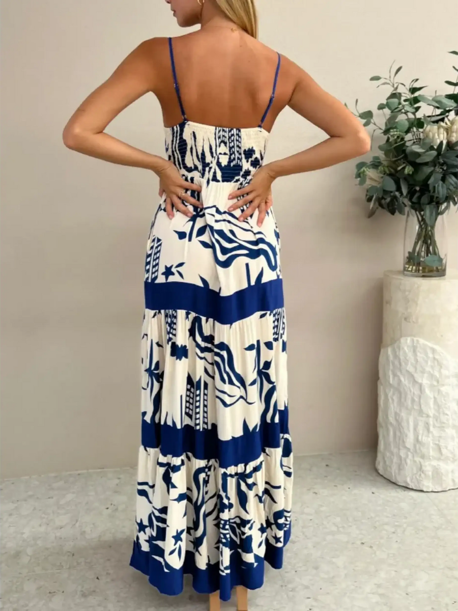 Trendsi blue and white beach dress maxi dress with spaghetti straps and abstract print
