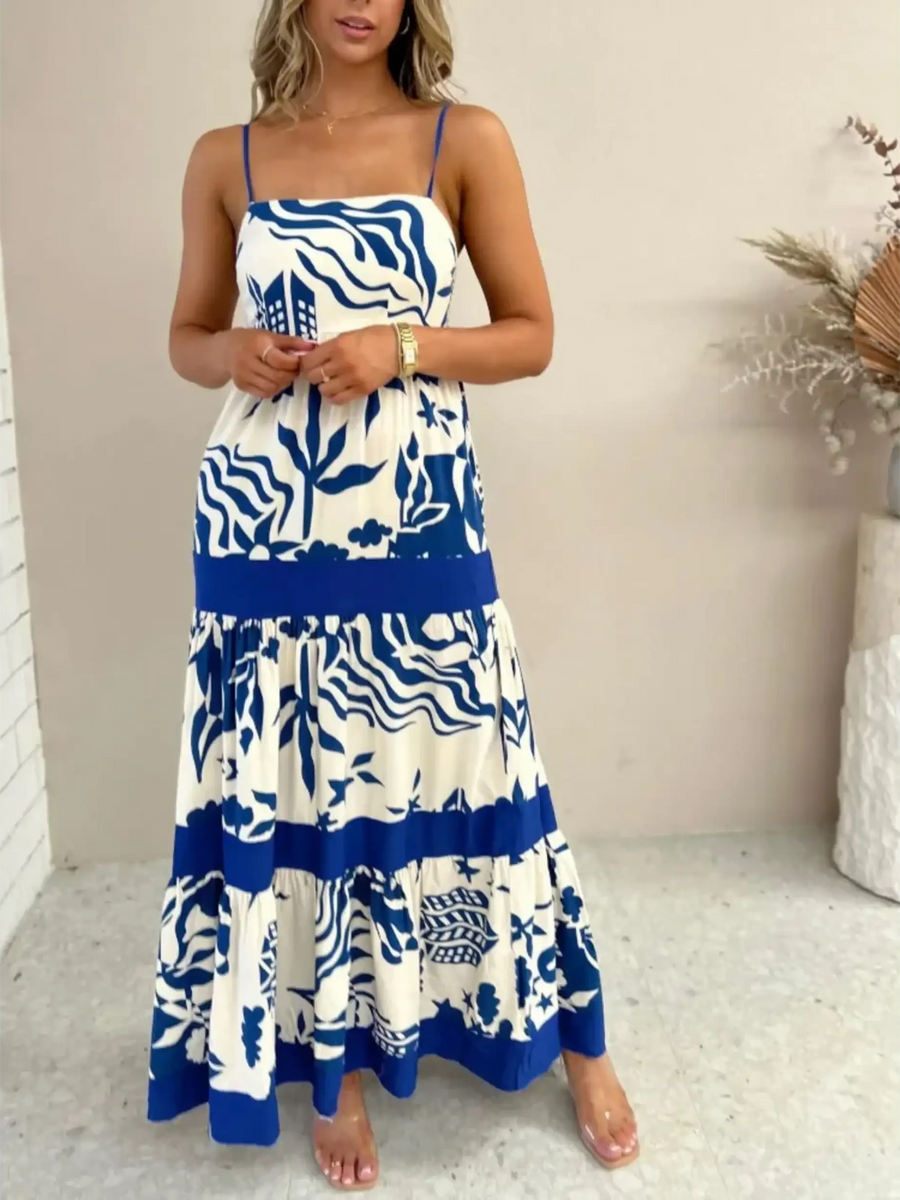 Trendsi blue and white beach dress maxi dress with spaghetti straps and floral pattern