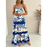 Trendsi blue and white beach dress maxi dress with spaghetti straps and floral pattern
