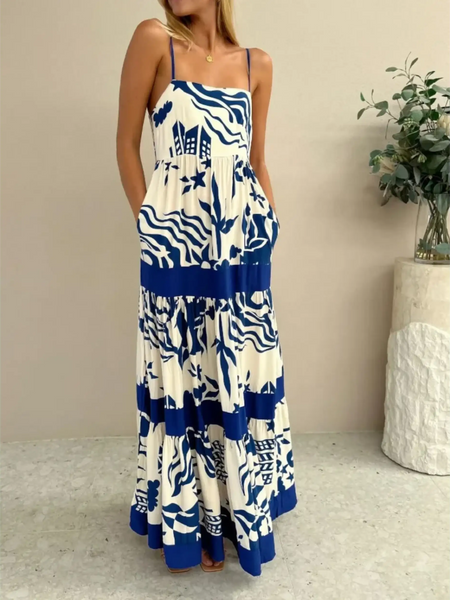 Trendsi blue and white beach dress maxi dress with abstract wave and starfish pattern