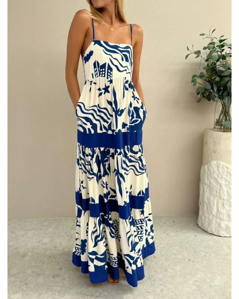 Trendsi blue and white beach dress maxi dress with abstract wave and starfish pattern
