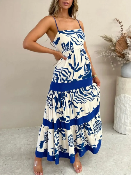 Trendsi blue and white beach dress maxi with spaghetti straps and bold abstract patterns