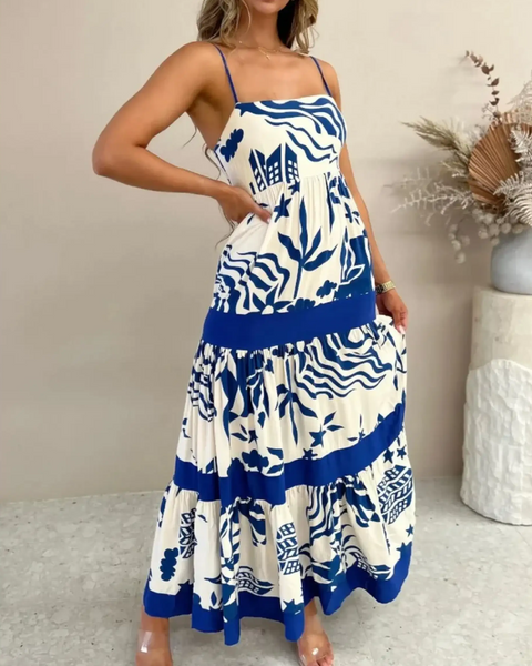 Trendsi blue and white beach dress maxi with spaghetti straps and bold abstract patterns
